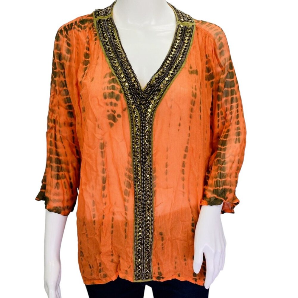 Michael Kors Switzerland Orange Brown Sheer Embellished V Neck Tunic Top Size S - Picture 2 of 16